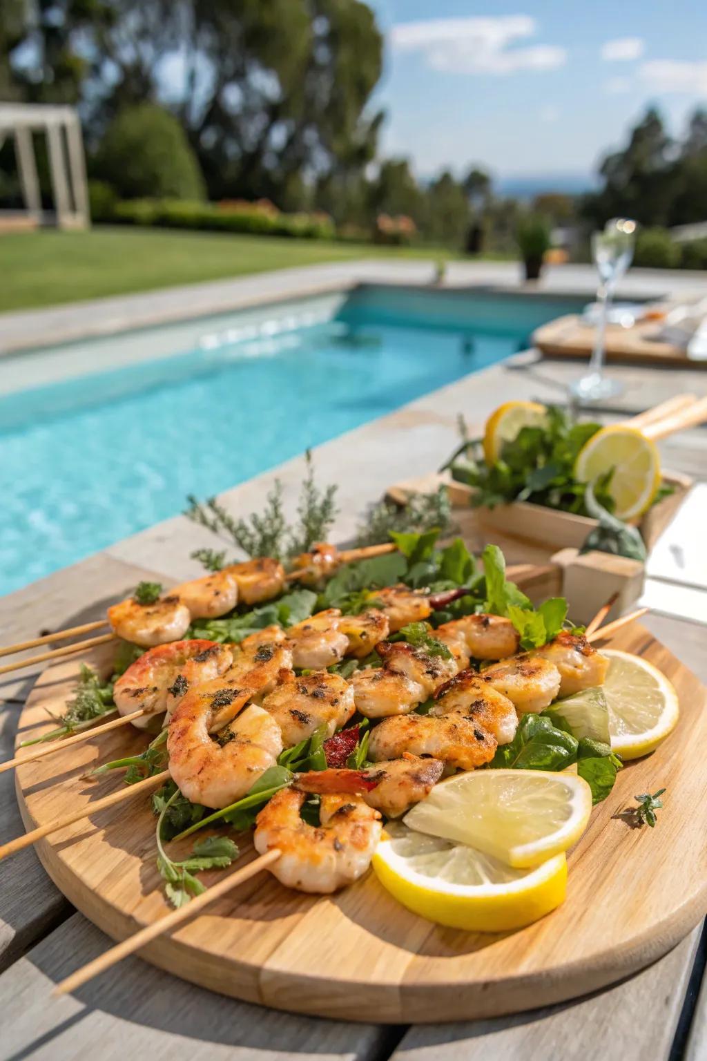 Relish the tastes of barbecued shrimp skewers enhanced with zesty citrus notes.
