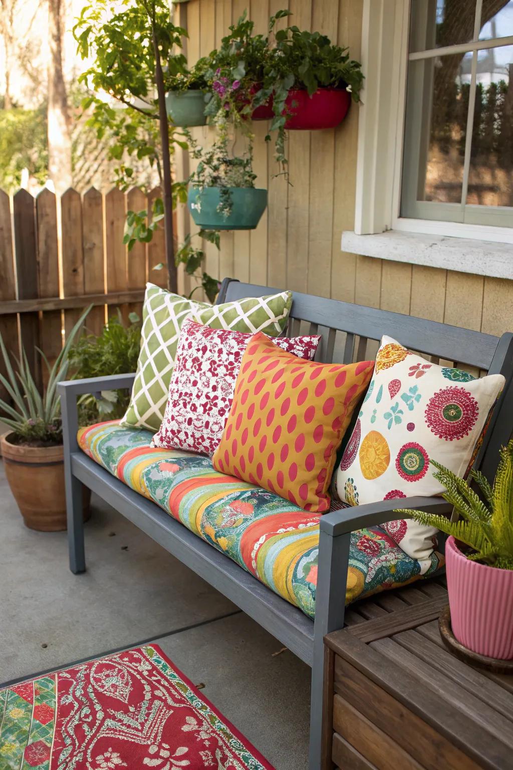 Radiant pillows breathe life into a simple porch bench.