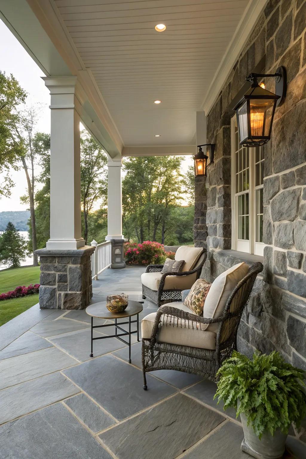 A sophisticated stone knee wall enhancing a porch's beauty.
