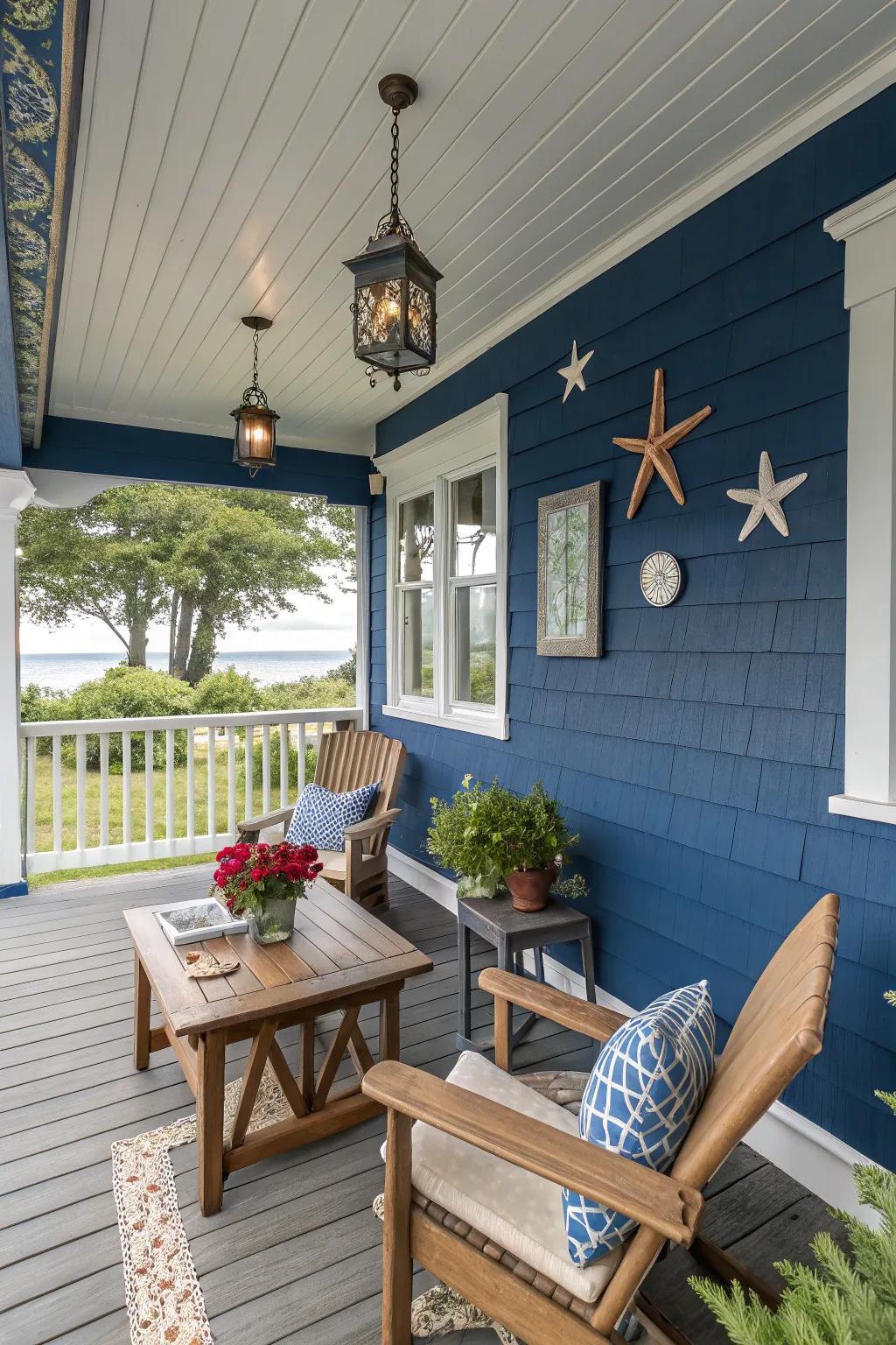 A serene sapphire porch that encourages relaxation and a hint of coastal appeal.