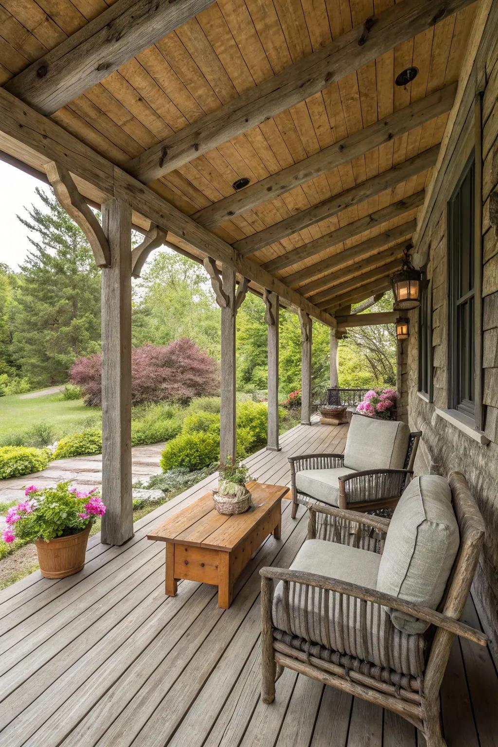 Embrace nature with a wooden porch design.
