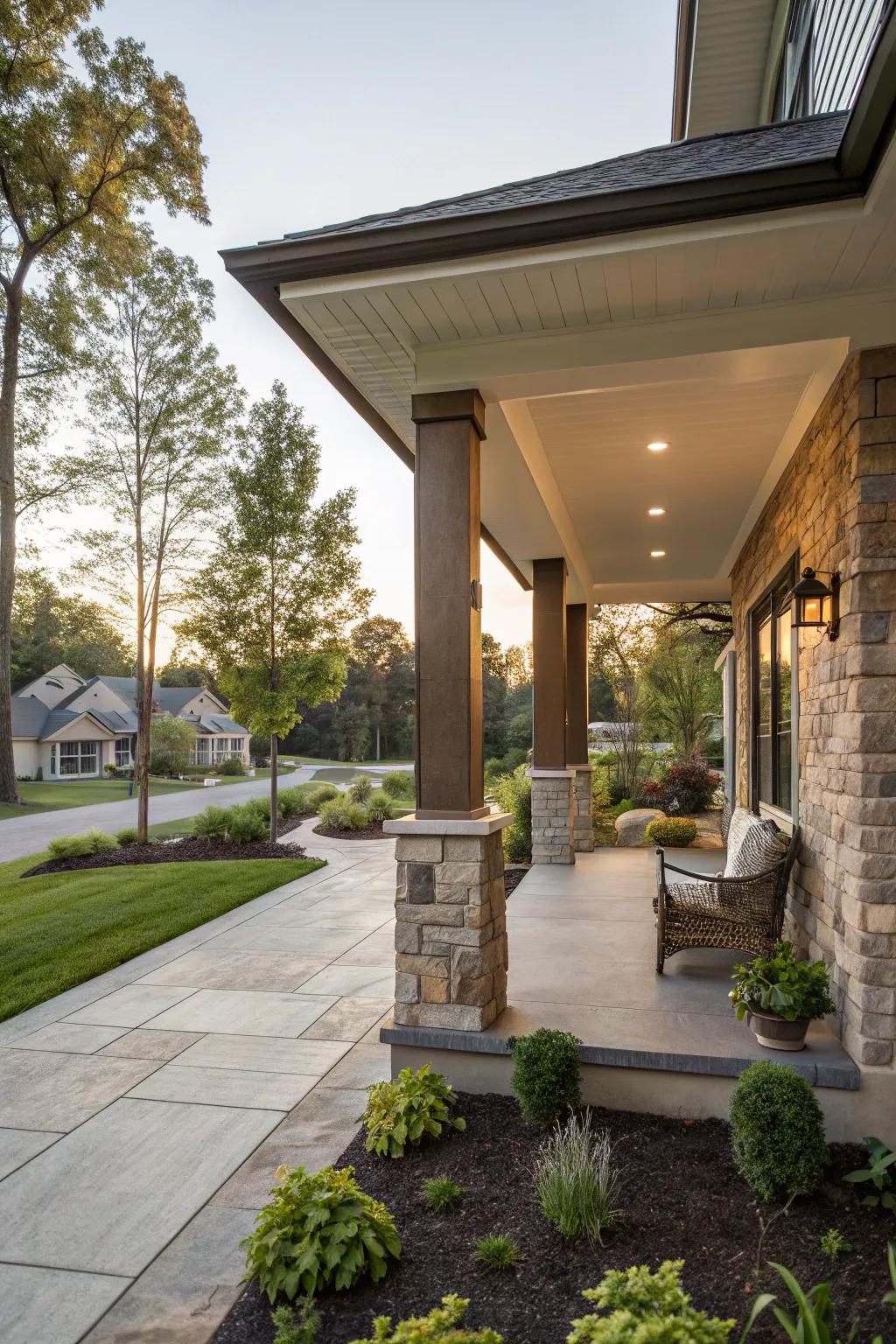 A modern take on porch design using a hip roof.