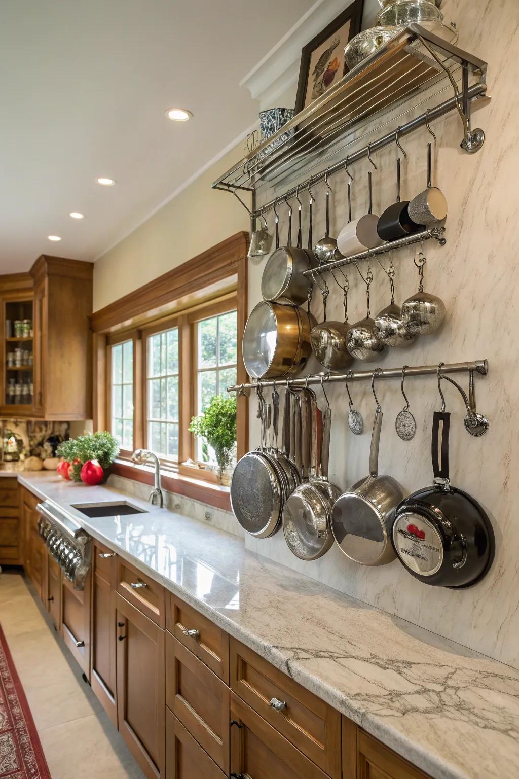 Wall-mounted racks beautifully display pots and pans while preserving cabinet space.