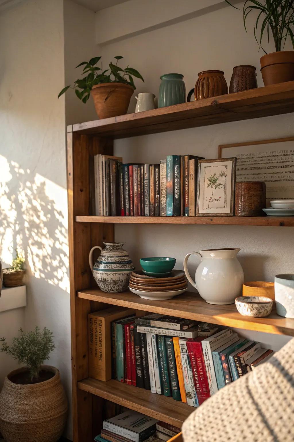 A cozy reading nook with pottery and books arranged together.