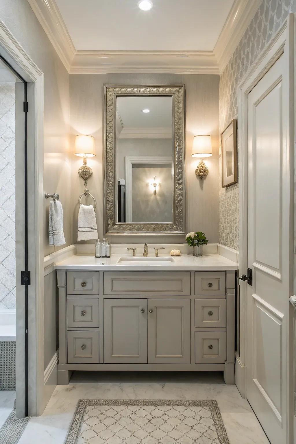 An elegant powder room featuring a calming neutral color palette.