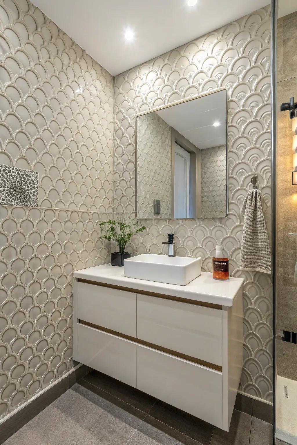 Textured tiles enhance powder room walls with depth and dimension.