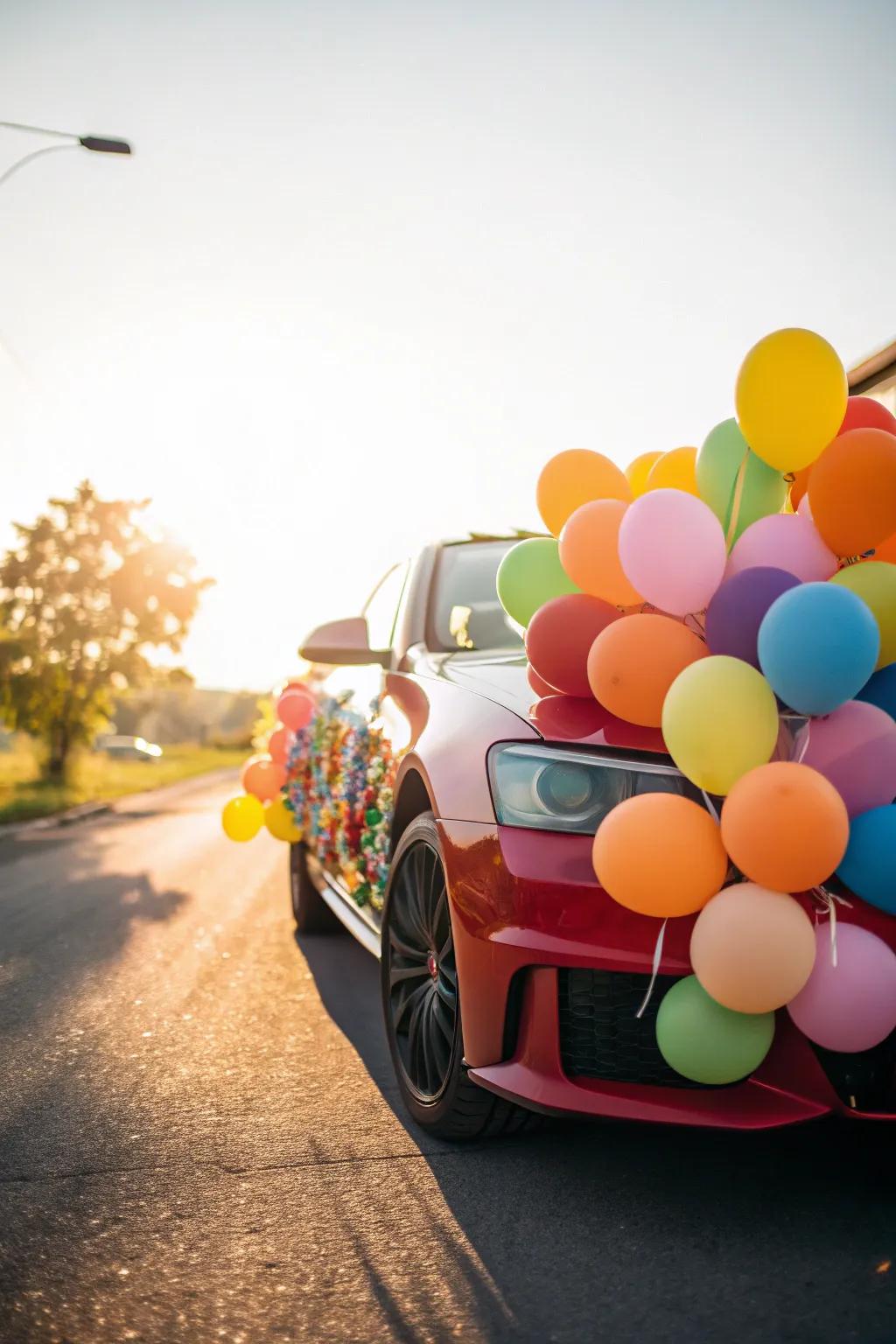 A cascade of balloons brings a joyful vibe to the newlyweds' ride.