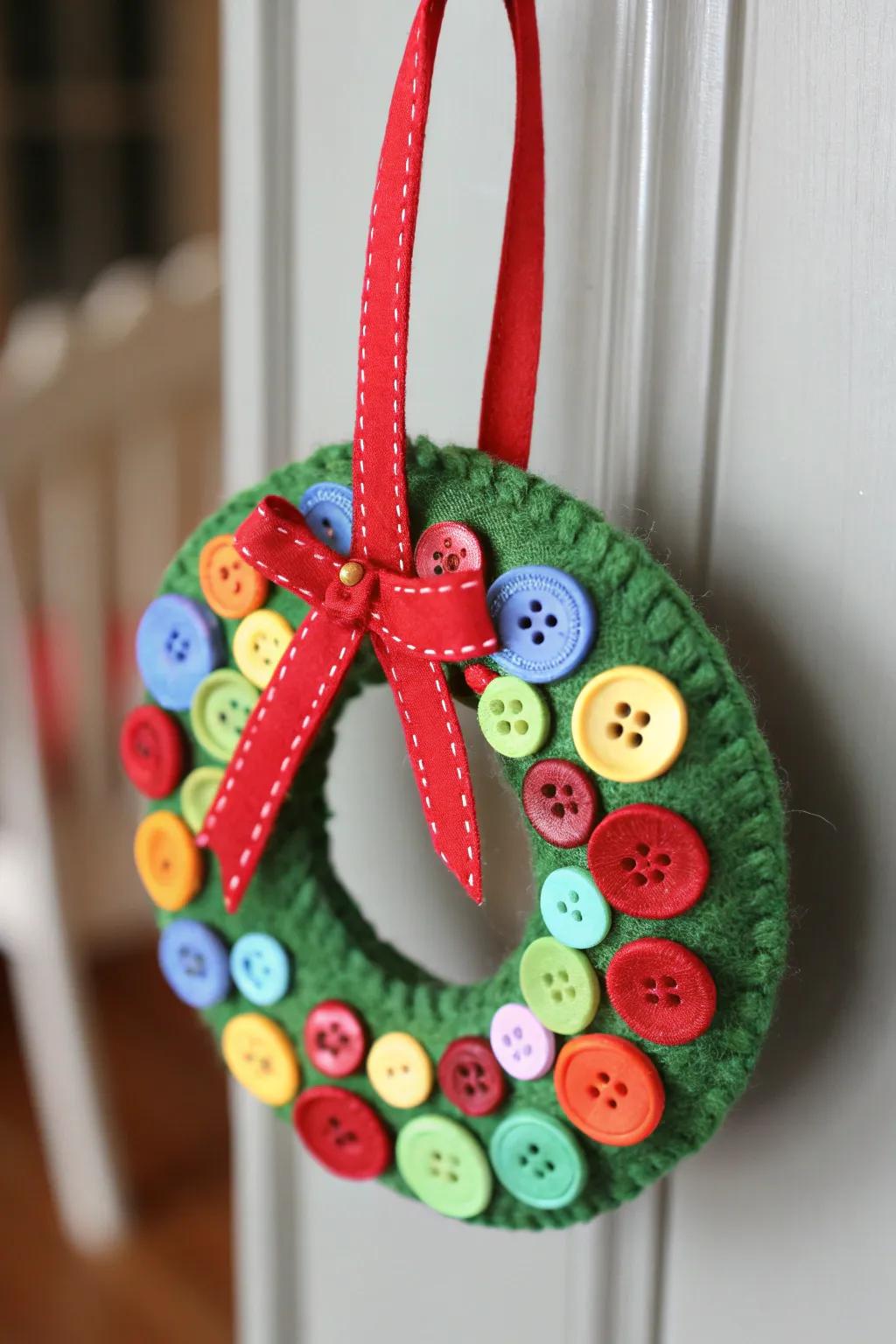 A colorful button wreath ornament, ideal for brightening up any Christmas tree.