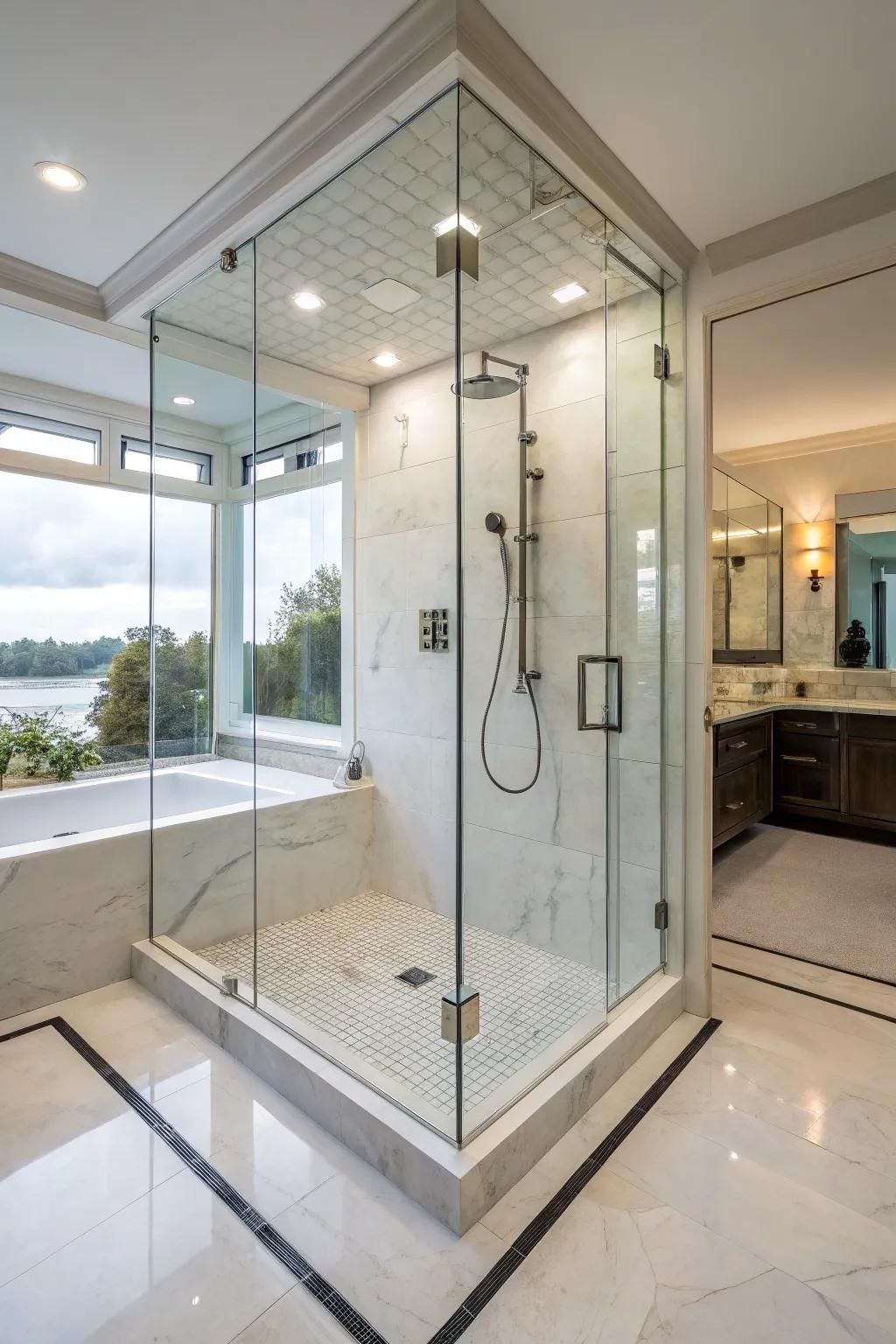 A shower with clear walls provides a modern and unrestricted feeling.