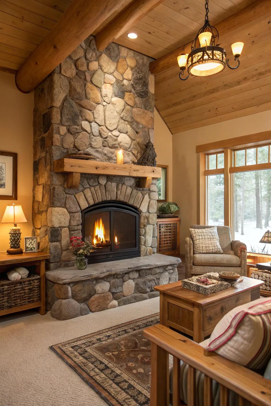 A country living area that features a propane fireplace with a stone border.