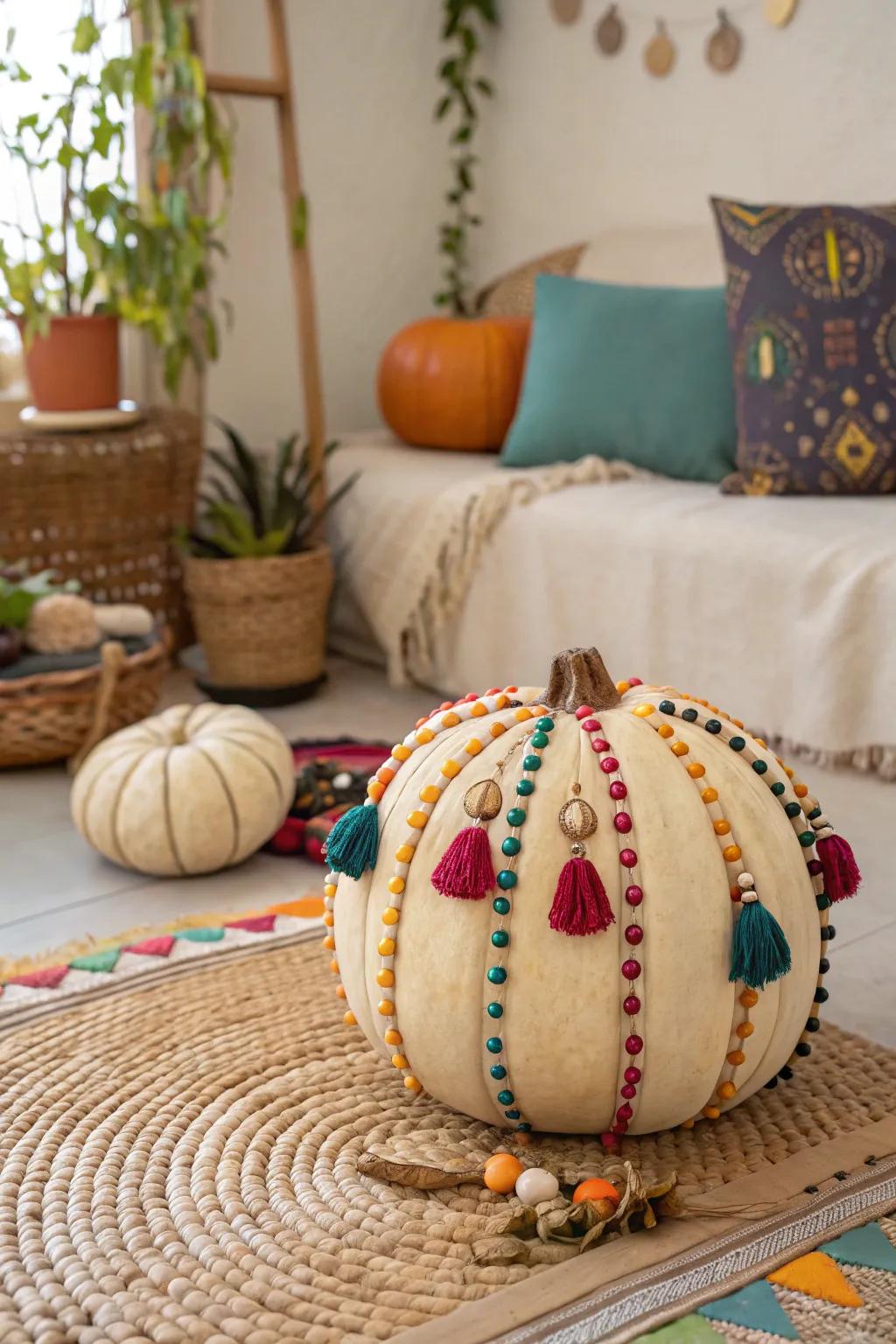 Boho beaded pumpkins introduce a dash of fancifulness.