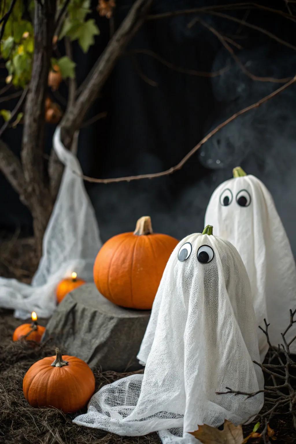 Set a spooky mood with bandaged-themed pumpkins.