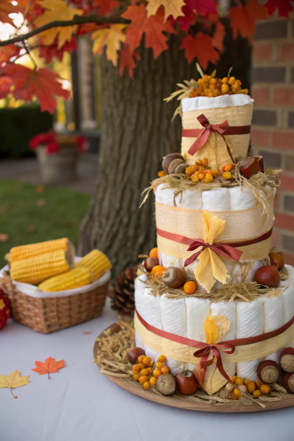 An autumn harvest diaper cake delivers warmth and festivity to your event.
