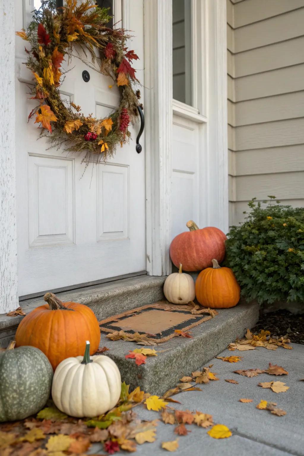 A lively collection of pumpkins at the doorway, enhancing the entryway.
