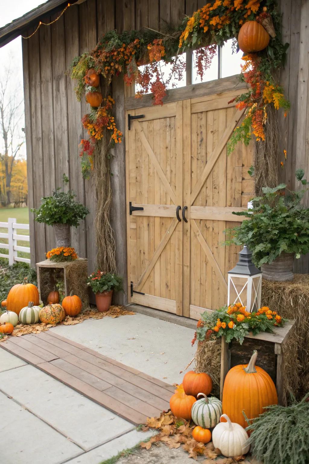 An earthy barn scenery enhanced by squashes and greenery.
