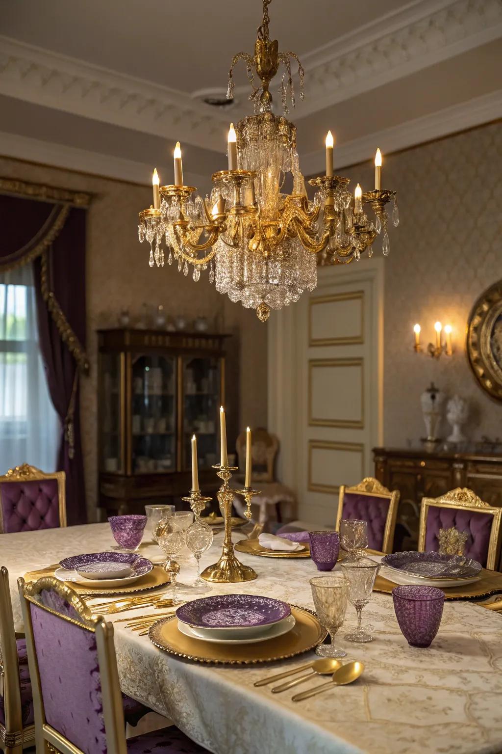 A gold pendant fixture lends an element of magnificence to your dining space.