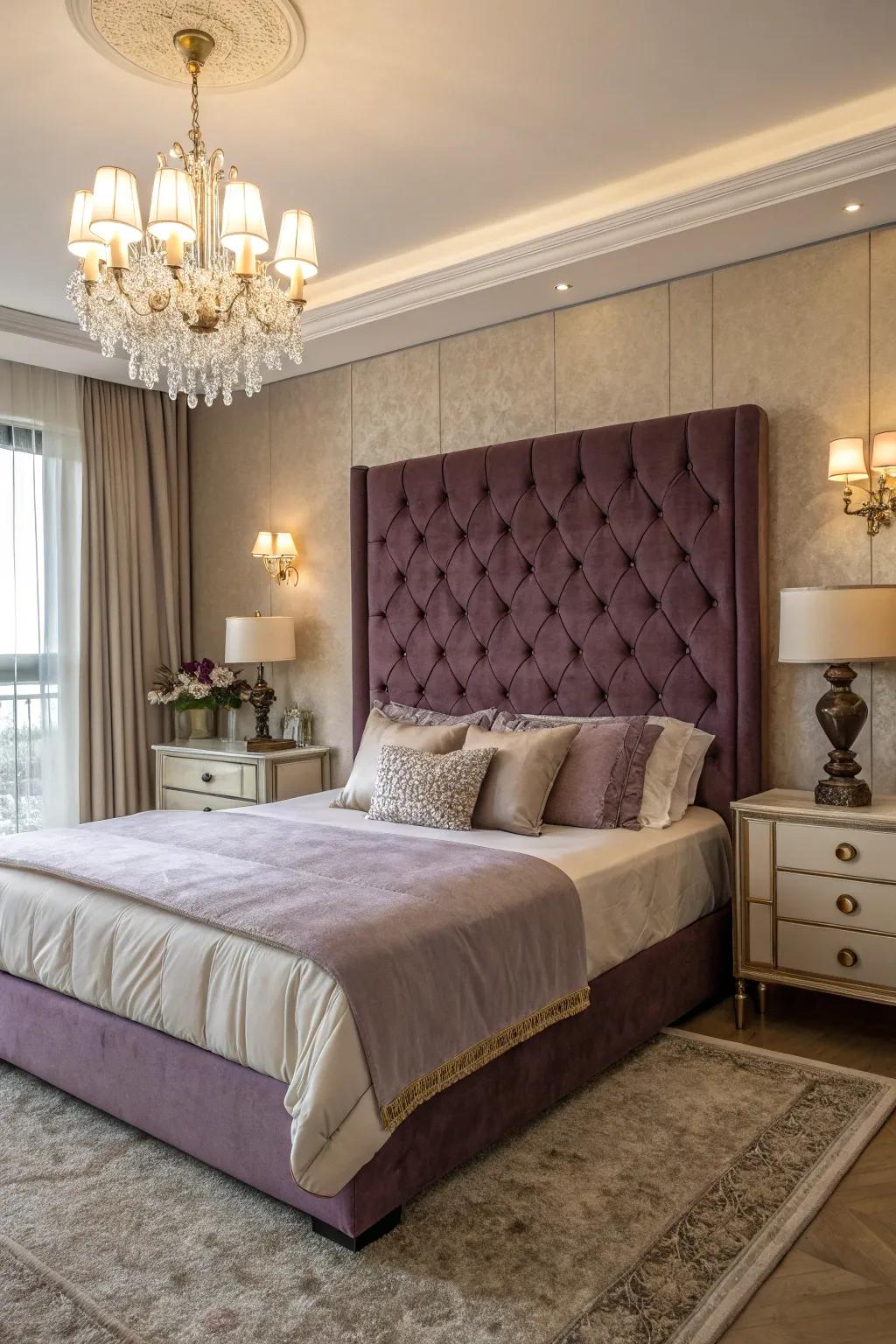 A velvet plum headboard infuses the room with refinement and elegance.