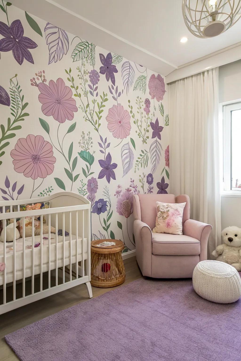 Floral wall art in purple brings a playful element to the nursery.
