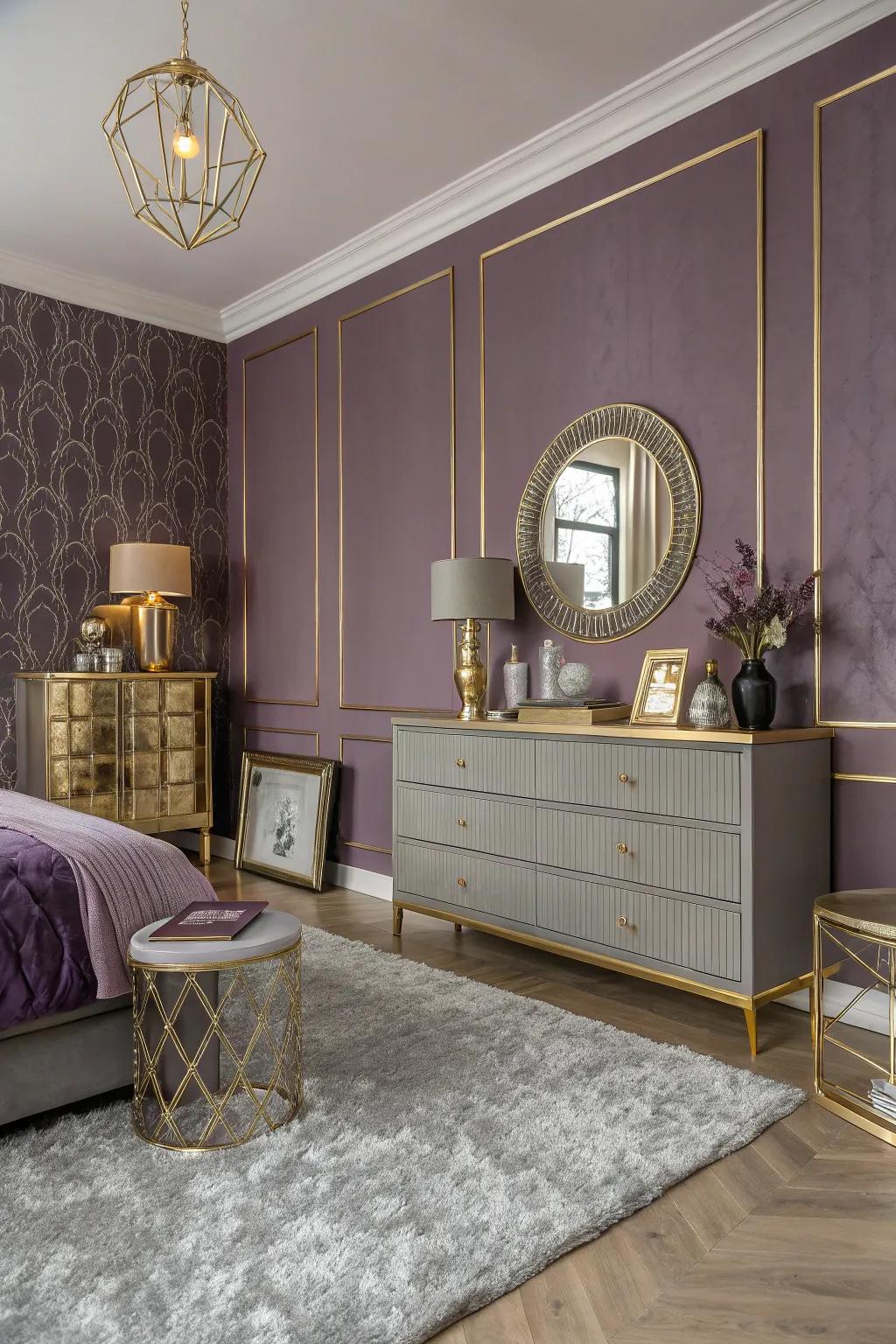 Purple walls balanced by gold and gray features.