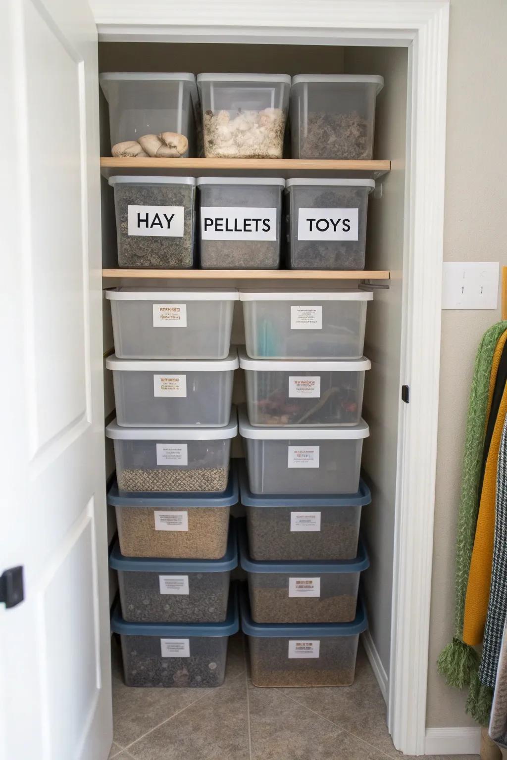 Supply boxes stacked and labeled so you can easily find your rabbit supplies.