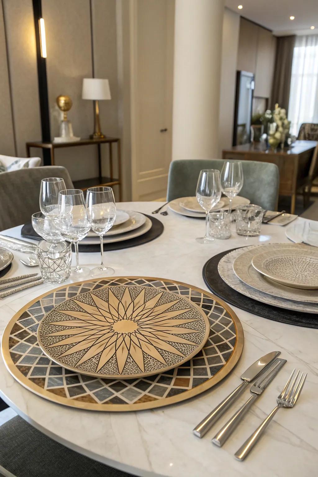 A dining table set with a geometric centerpiece of radial design.