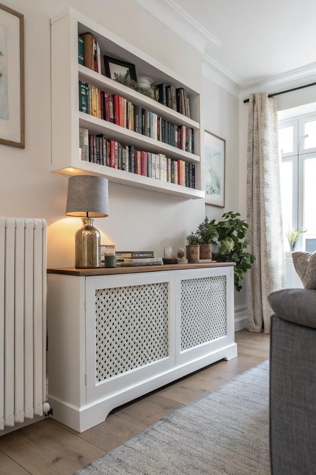 A radiator shield with a ledge creates extra space for books and décor.
