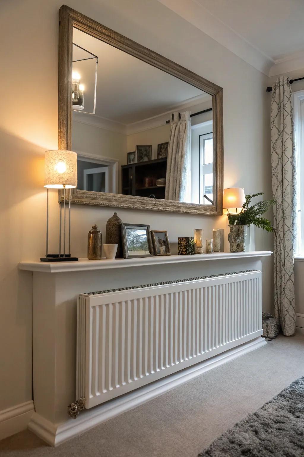 A mirror above the radiator shelf can brighten and amplify your area.