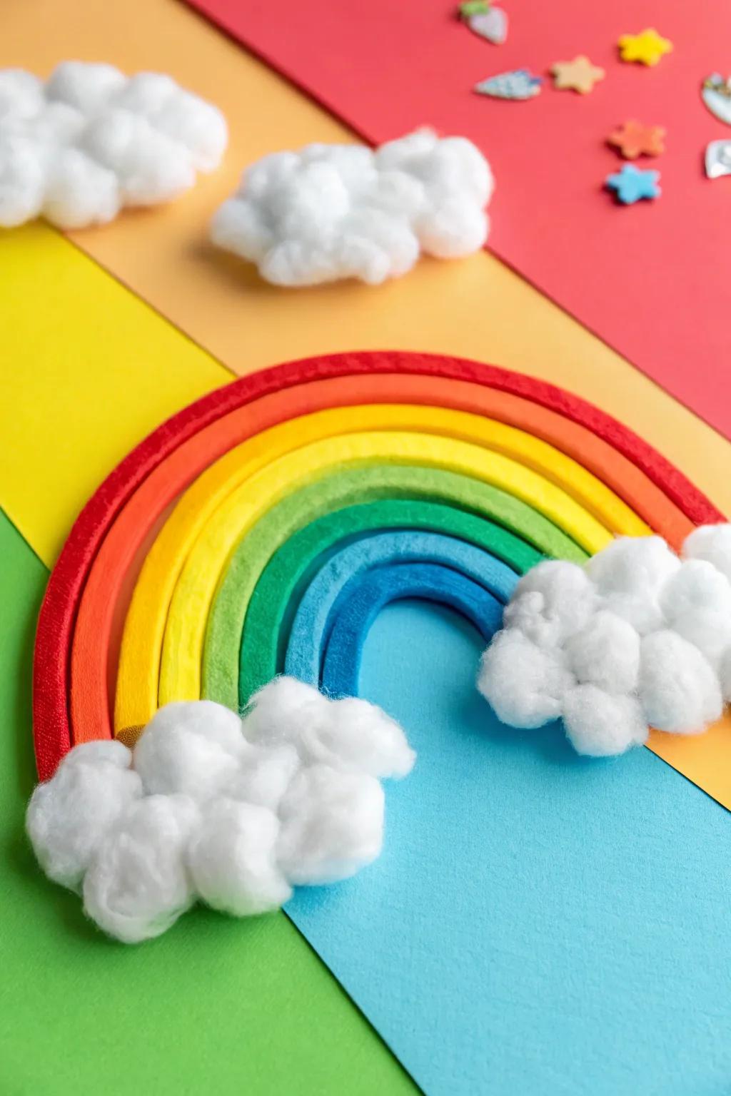 Soft fuzzy ball clouds enrich this vibrant rainbow craft.