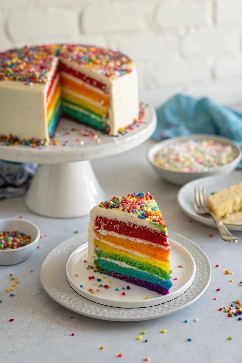 A scrumptious layered spectrum cake featuring vibrant layers and sprinkles.