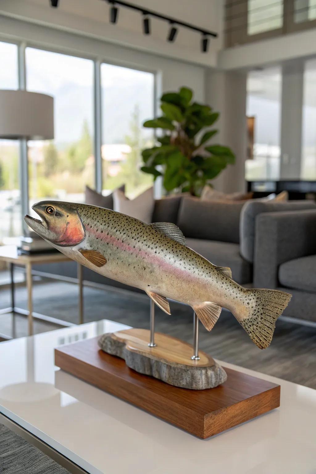 A sleek timber platform enhances the refined presentation of a rainbow trout mount.