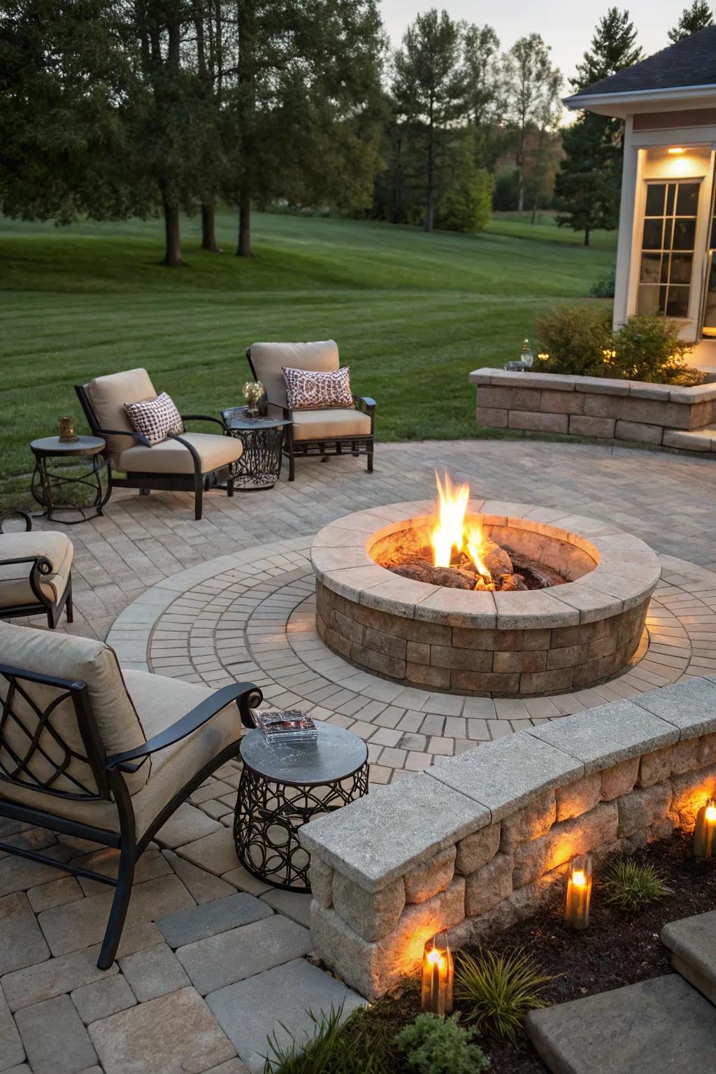 An inviting fire pit transforms the patio into a year-round favorite.