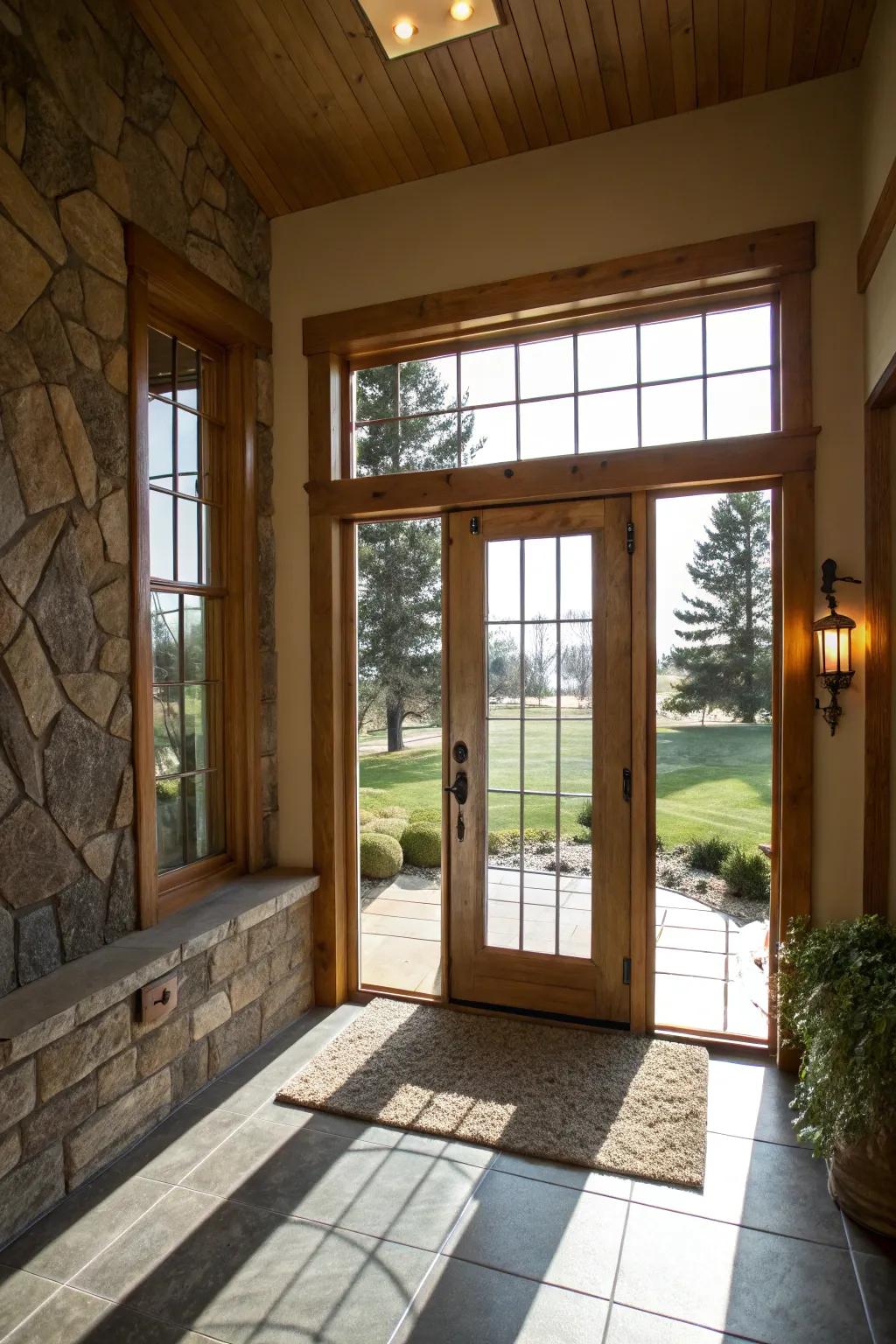 An elegant glass-paneled door enhances the entryway with light and style.
