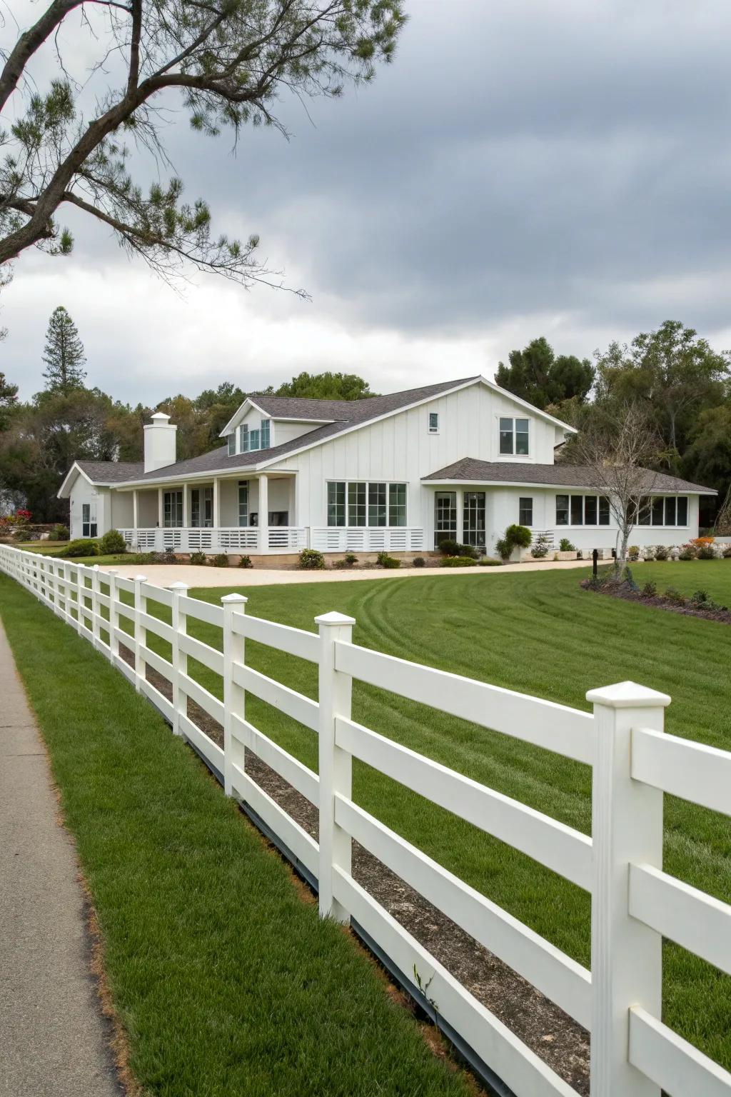 A stylish vinyl fence enhances a modern ranch.
