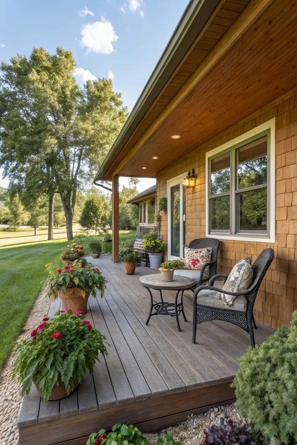 An inviting front veranda featuring natural timber and comfortable seating.