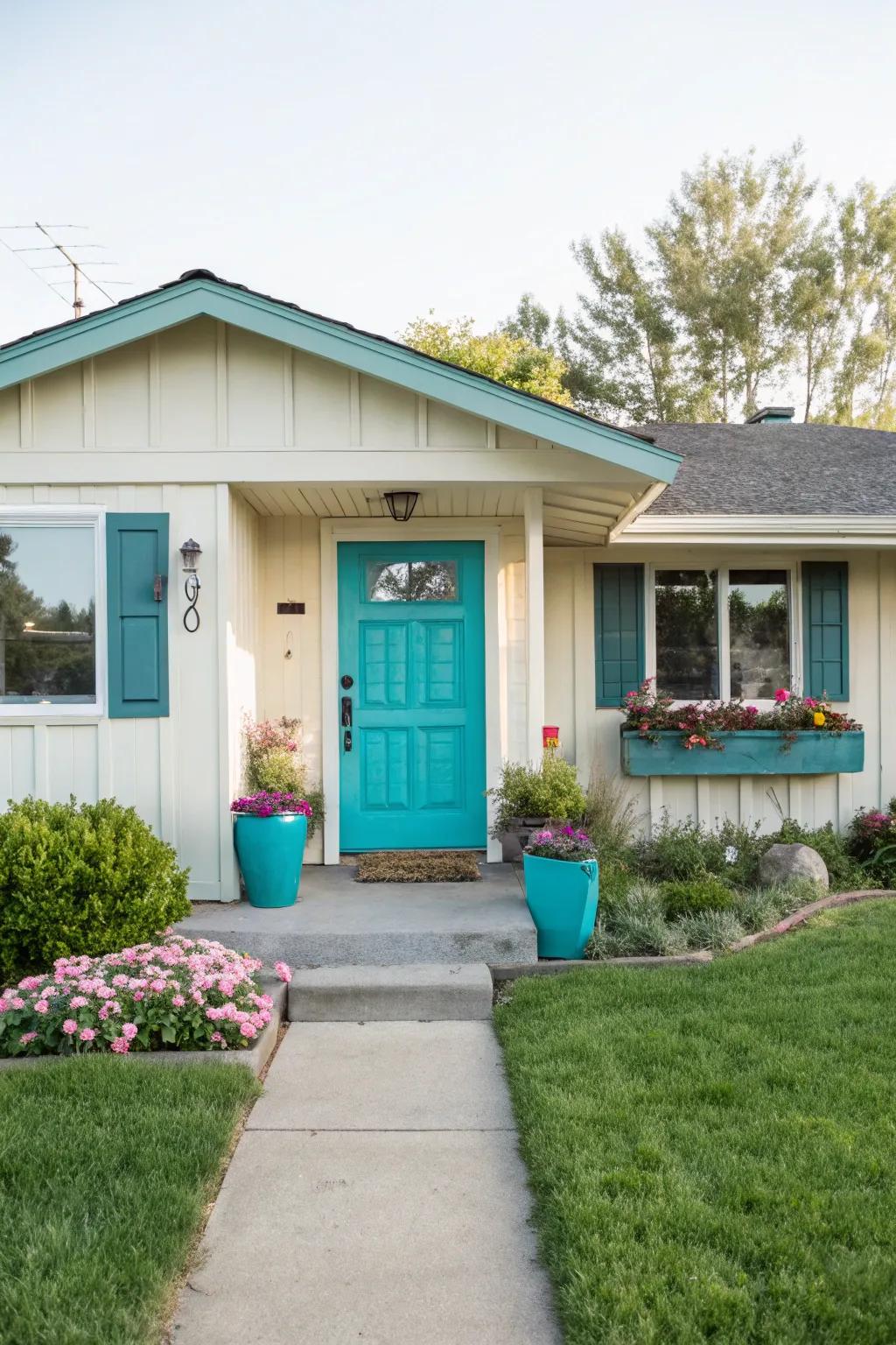 A teal entry door injects vibrancy and personality into this ranch home.