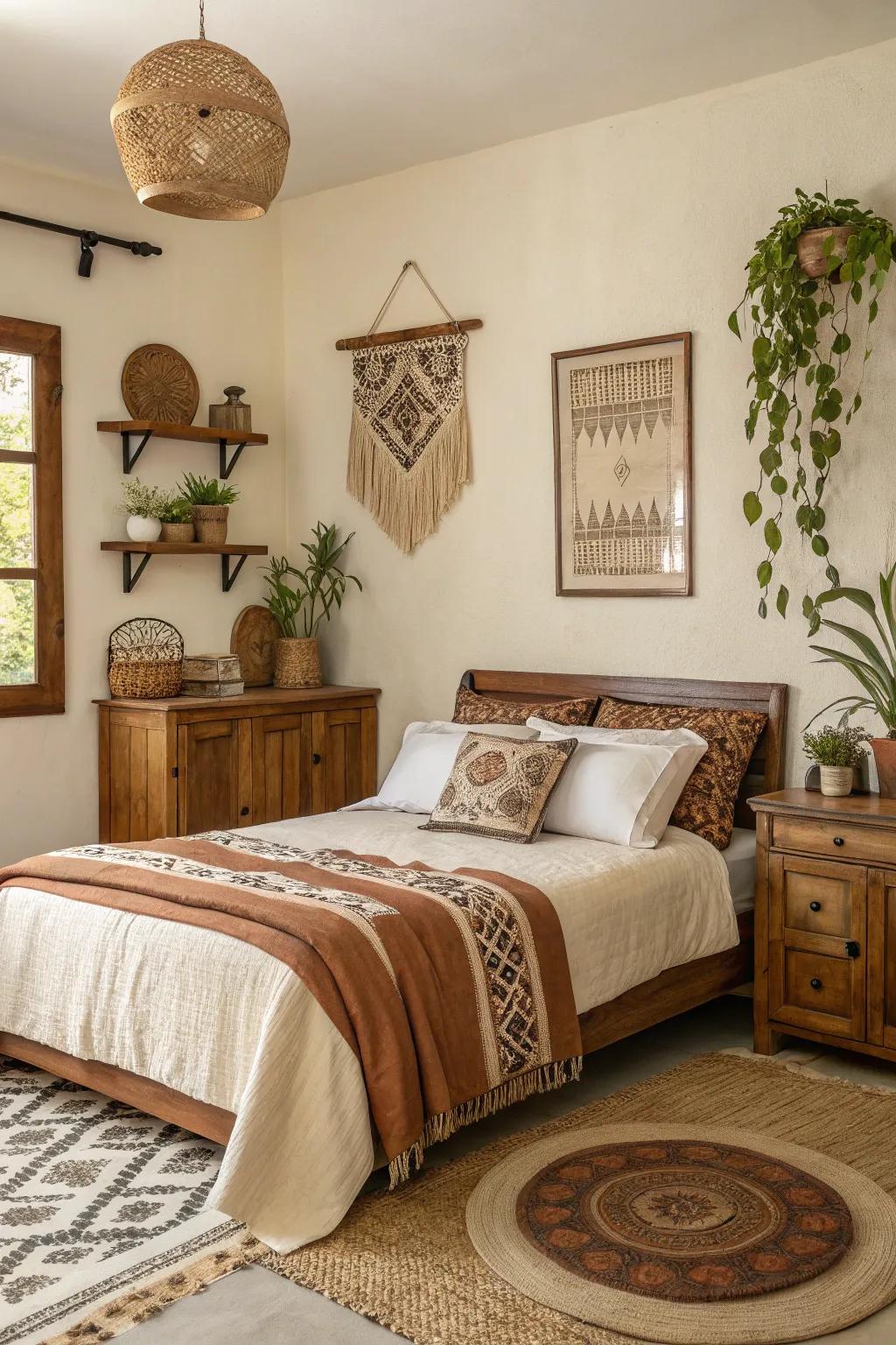 A bedroom designed with natural hues of browns and creams, fostering a snug environment.