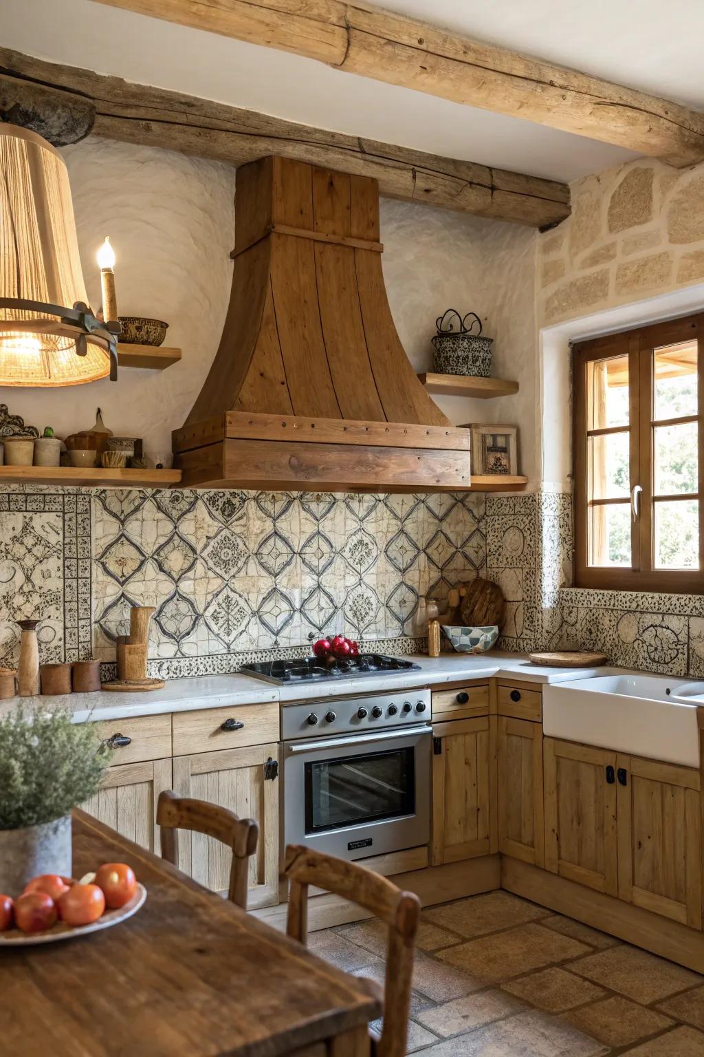 Rustic kitchen with a wooden range hood paired with a charming tile backsplash.