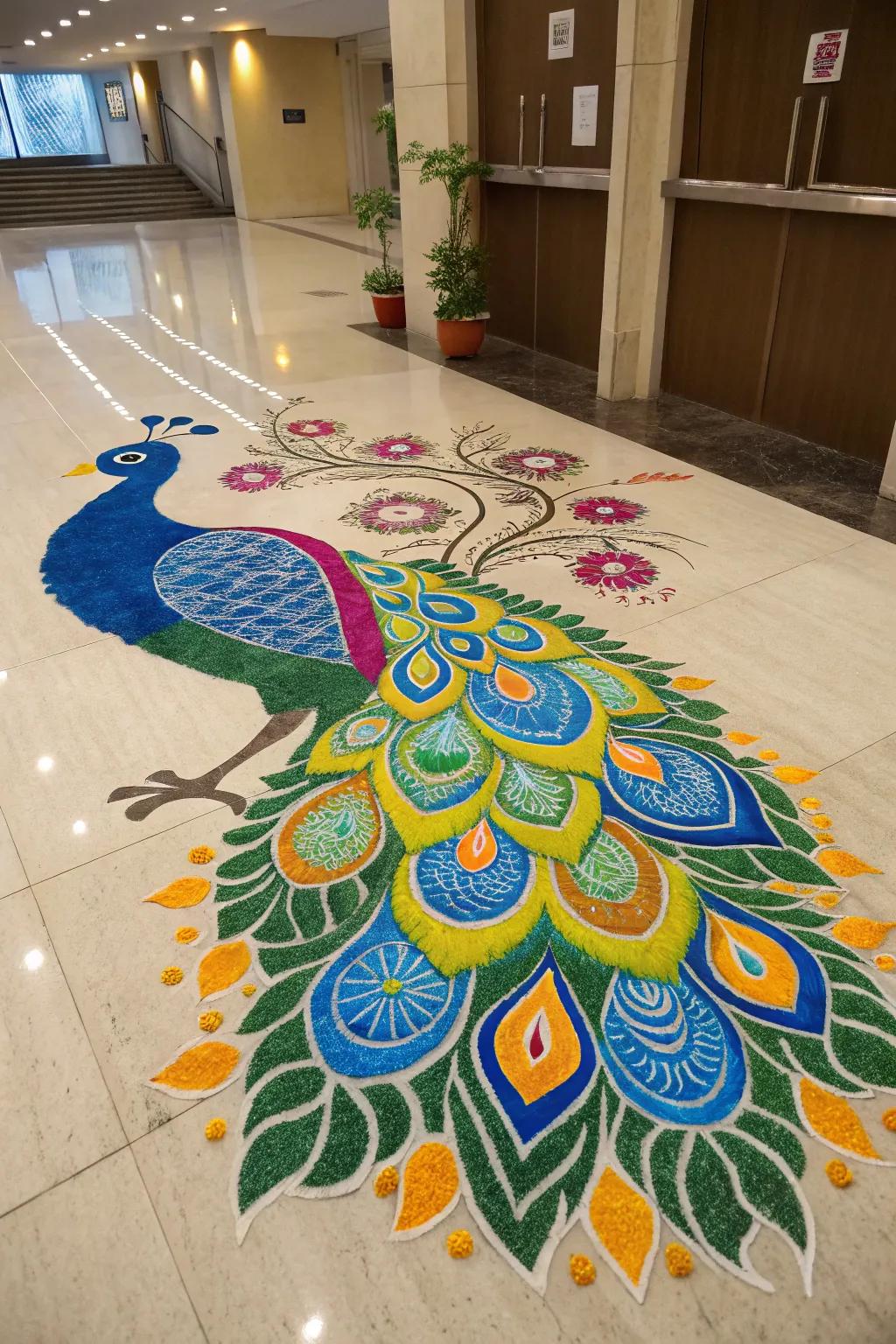 The majestic avian theme dominates this stunning rangoli.