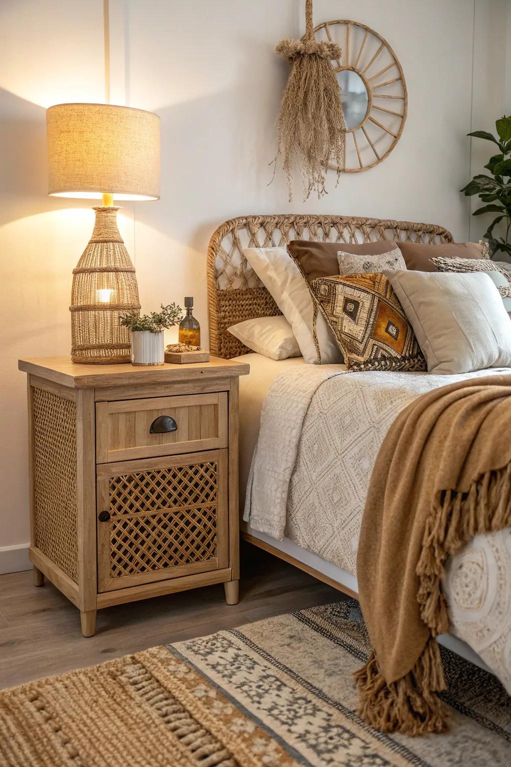 A rattan nightstand complements the bedroom's natural visual.