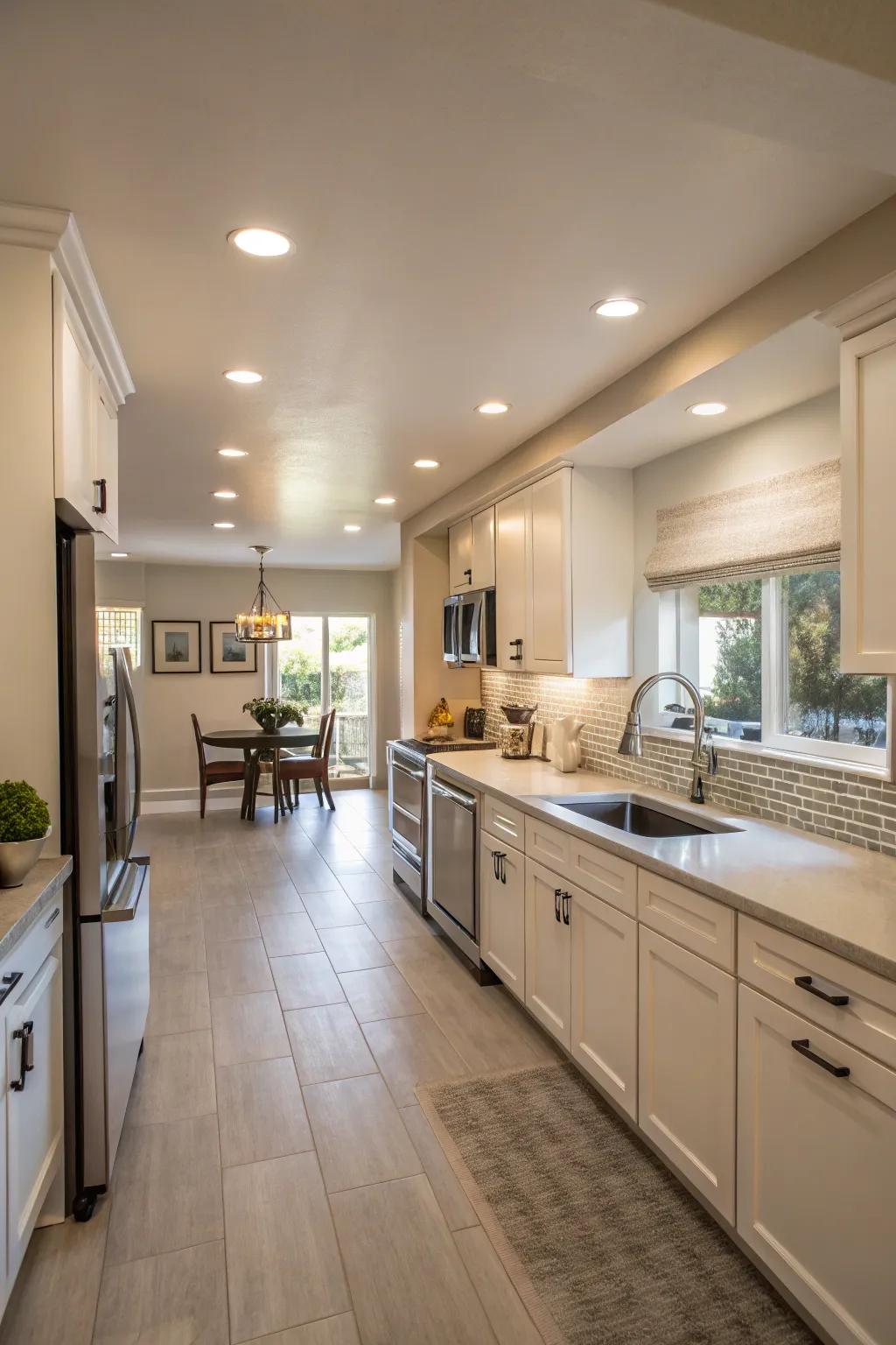 Inset lighting enhances the open layout of a small kitchen.