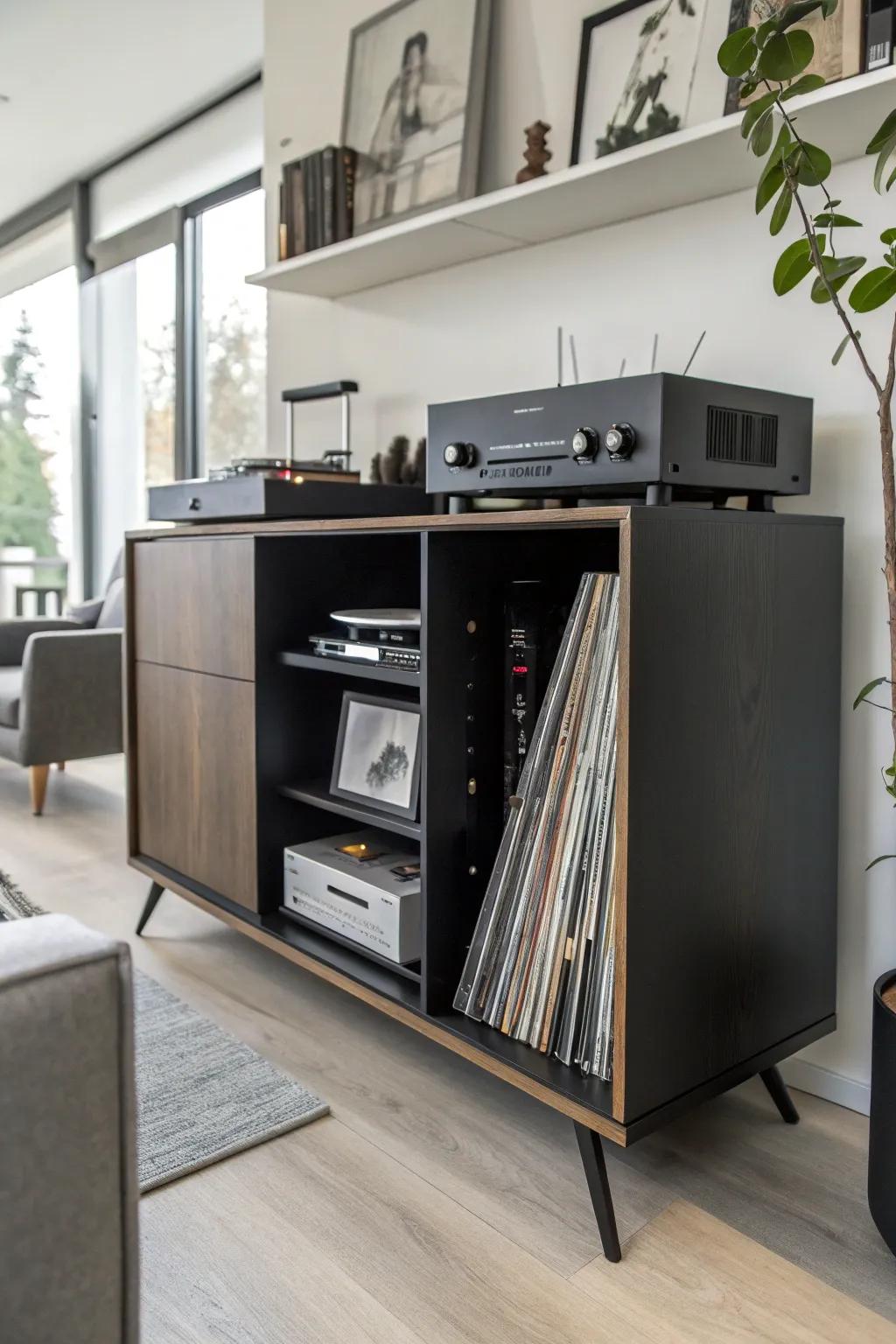 Integrated storage keeps your vinyl collection orderly and within easy reach.