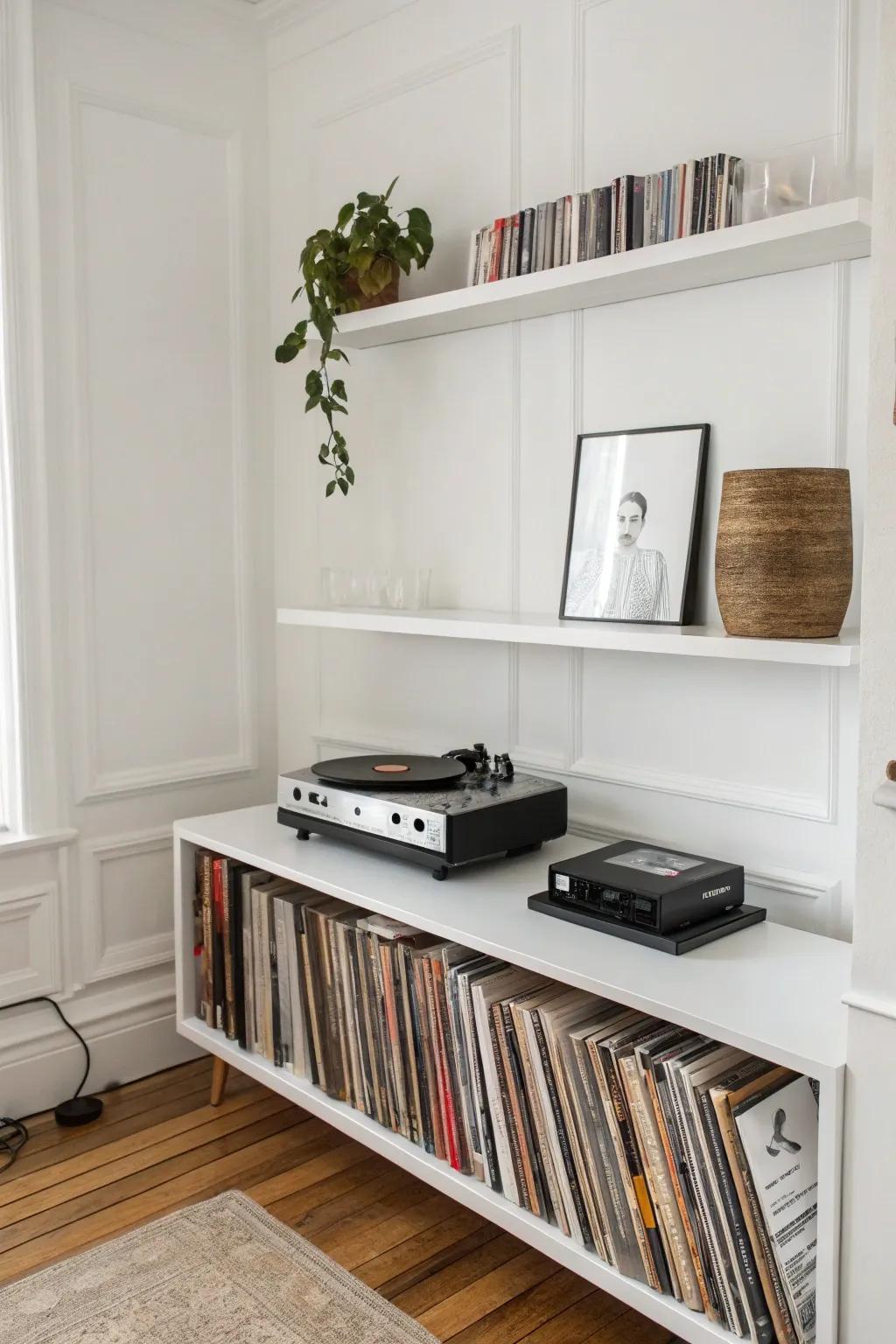 Simple wall shelf setup for a record player.