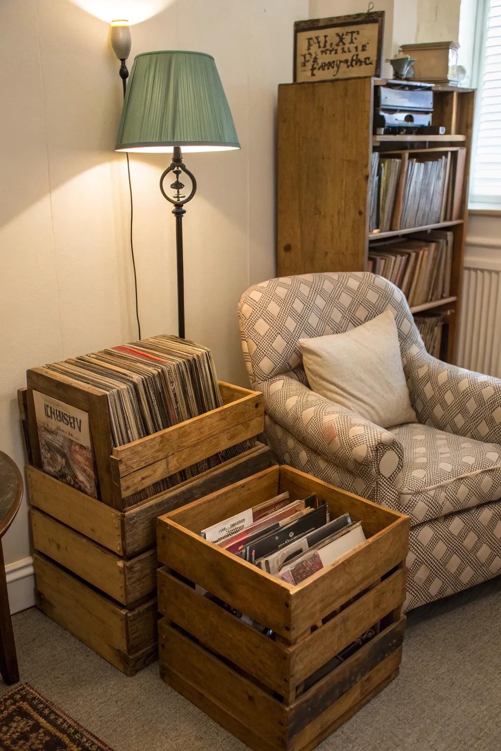 Classic crates provide attraction and practicality for housing your records.