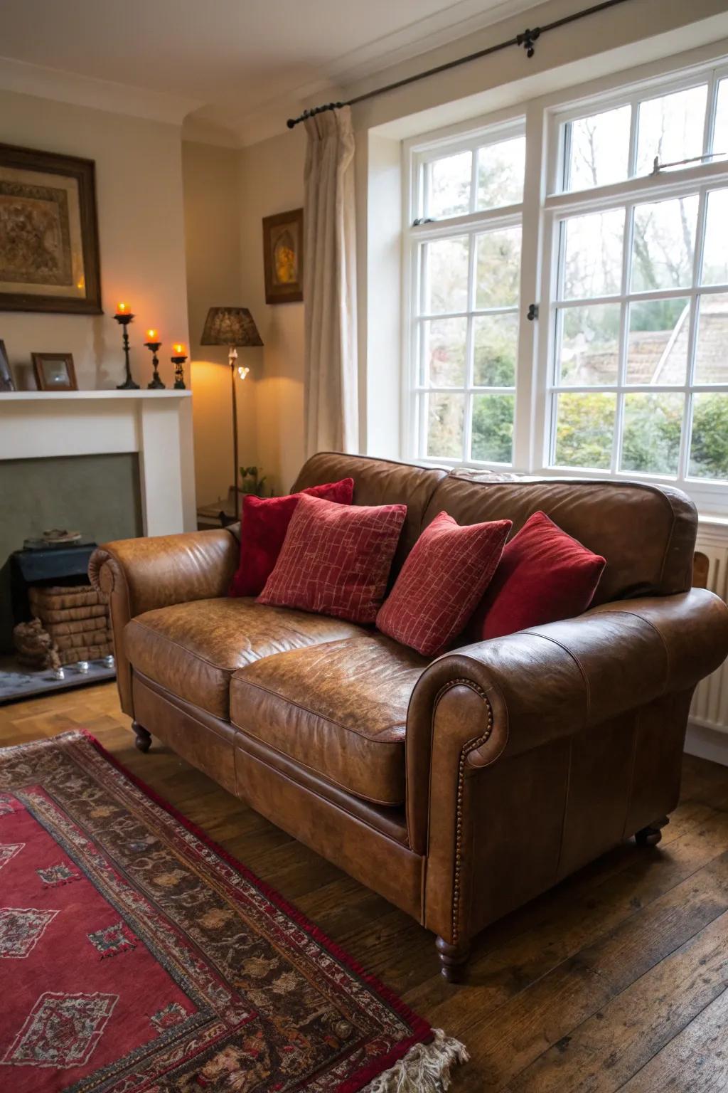 Chocolate furniture paired with crimson accents creates a snug and inviting room.