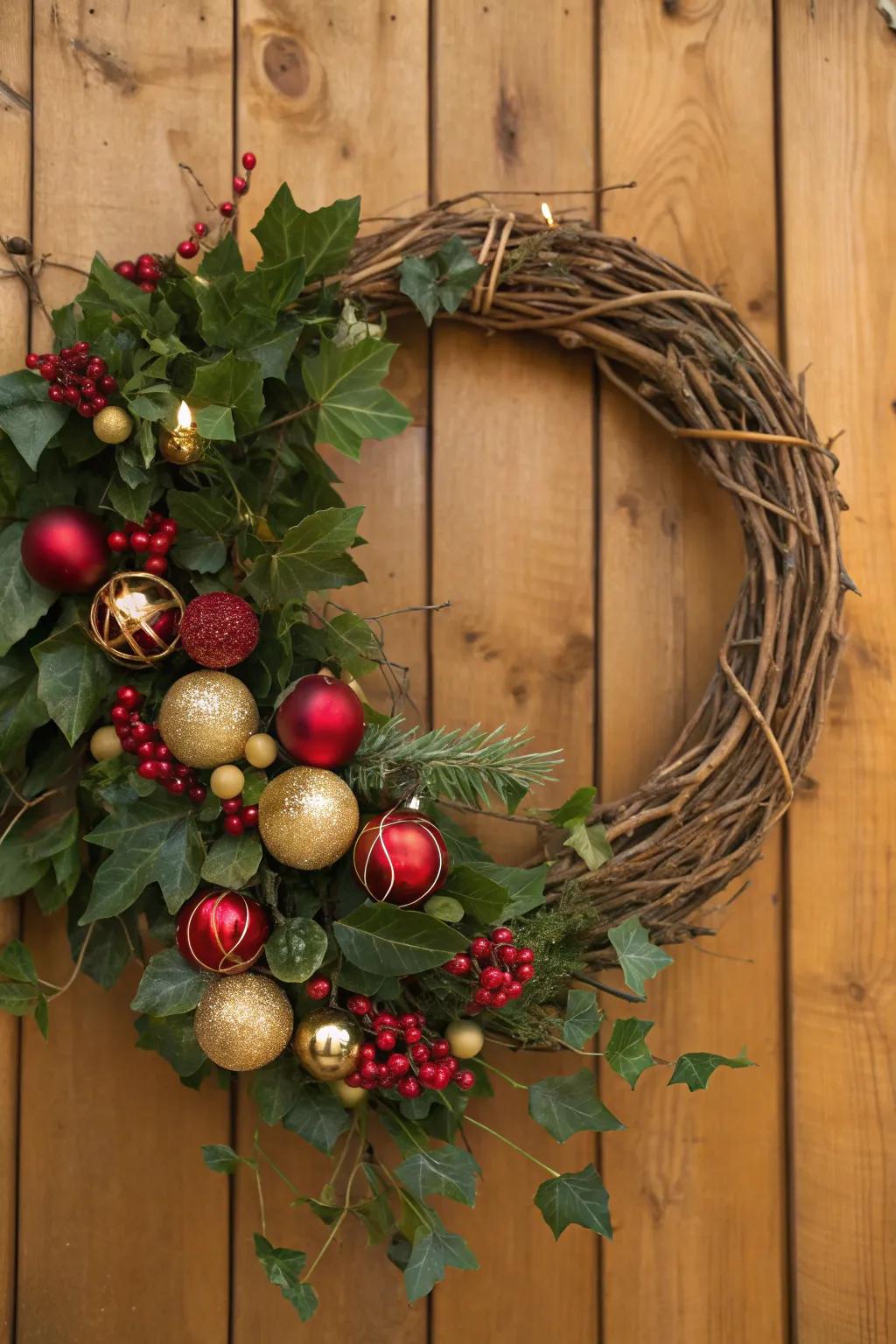 Rustic charm with grapevine and festive ornaments.