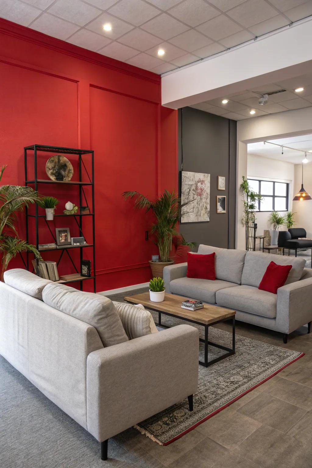 An impressive scarlet emphasized wall enhancing the ash ornamentation.