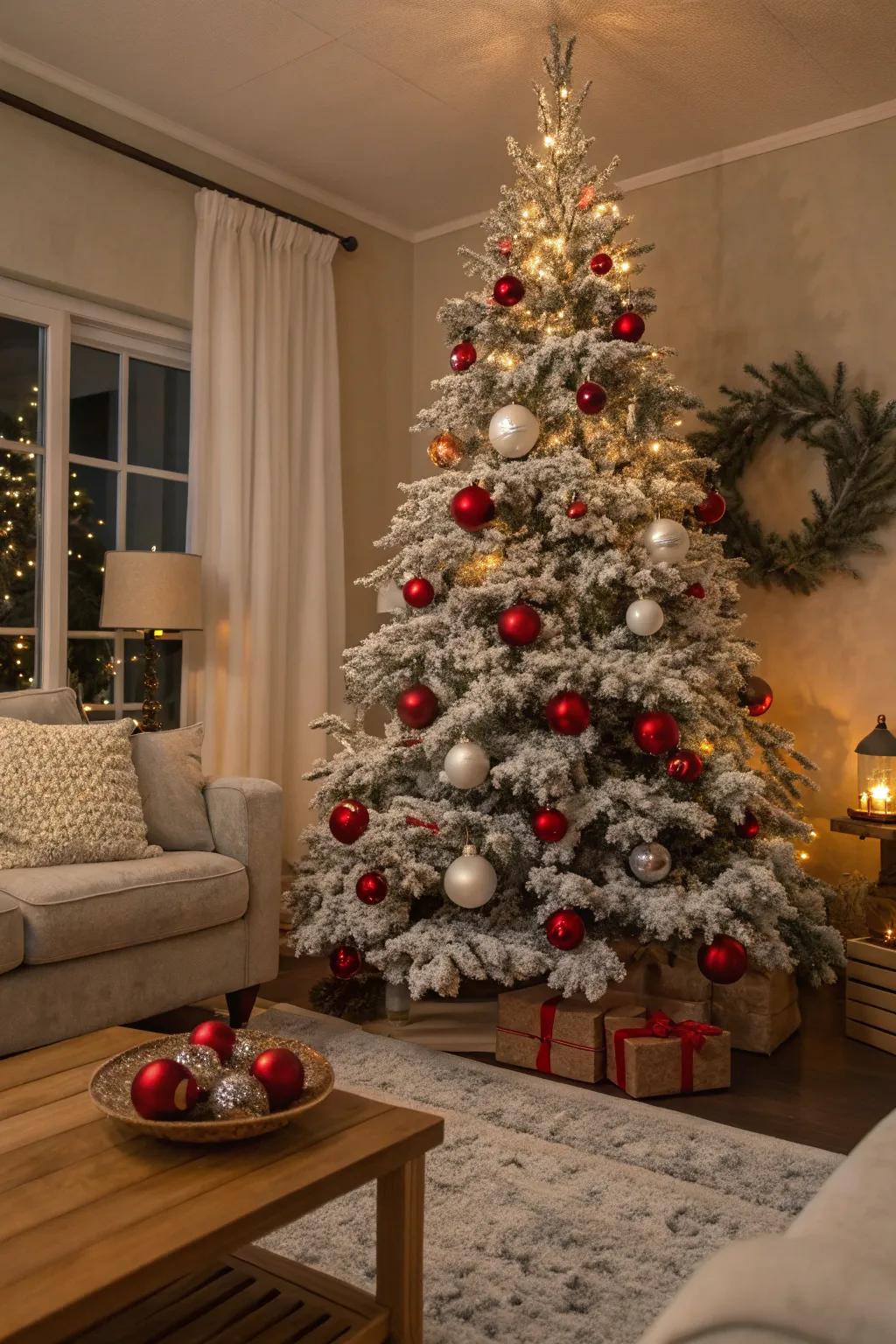 Snow-kissed trees lend a wintry allure to your festive decorations.