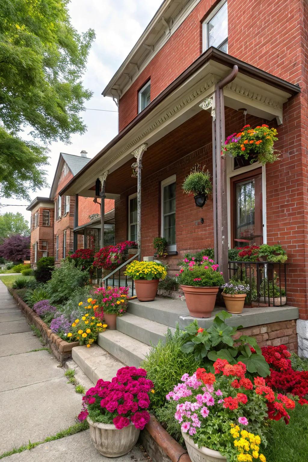 A lively display of potted plants elevates the charm of a red brick porch.