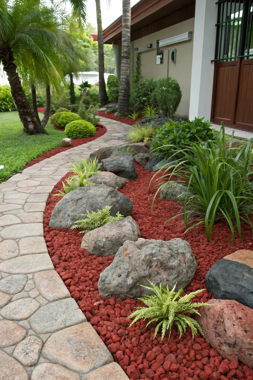 Juxtaposing larger stones with scarlet igneous stone enriches the garden's depth and feel.
