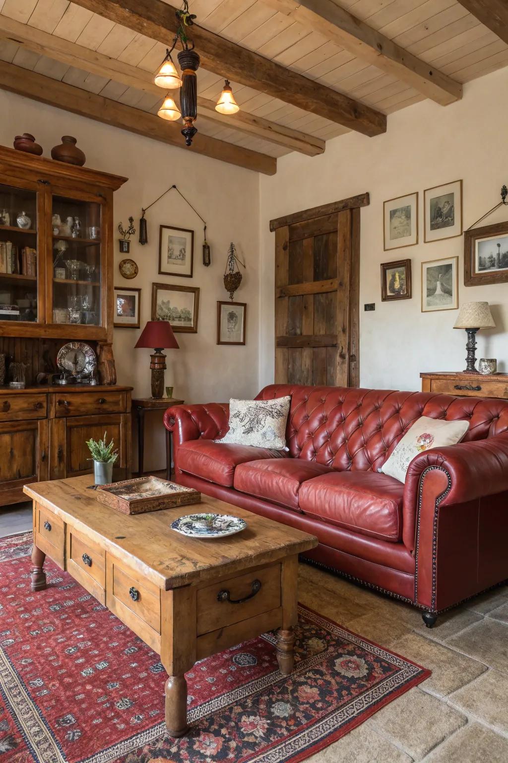 Timber aspects infuse comfort and charm into a country-inspired scene alongside a crimson hide lounge.